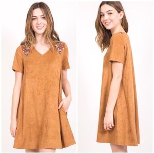 Faux Suede shift dress with embroidered detail